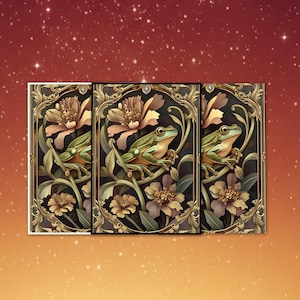 May include: Three framed art prints featuring a green frog perched on a leafy stem, surrounded by flowers. The artwork has a dark background with ornate gold frames and floral accents. The overall theme is nature and fantasy.