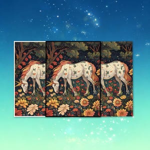 May include: A triptych art print featuring three identical illustrations of a unicorn grazing in a field of flowers. The unicorn has a white coat with green spots, a golden horn, and a flowing orange mane and tail. The flowers are yellow, orange, and red.