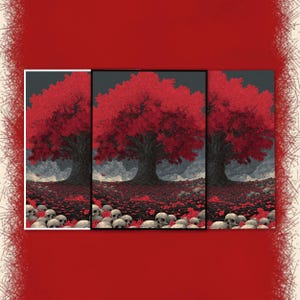 May include: A triptych art print featuring a large tree with vibrant red leaves. The tree stands in a field of red flowers and skulls, under a dark, cloudy sky. The artwork has a dark, gothic theme.