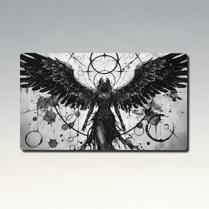 May include: Black and white illustration of a figure with large feathered wings, set against a backdrop of geometric shapes and ink splatters. The artwork has a gothic or fantasy theme.