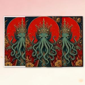 May include: A rectangular wall art print featuring a central illustration of a green cephalopod-like entity wearing an ornate gold crown. The figure is set against a large red circular background with decorative gold floral elements and a red robe.