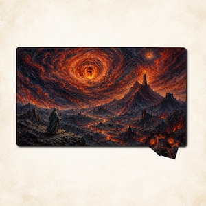 Tappetino da gioco MTG ispirato al Signore degli Anelli, paesaggio vulcanico dark fantasy, opzioni di spessore/zona/cucitura/dimensione.