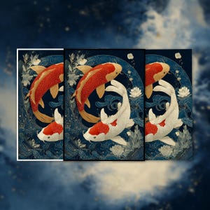 May include: Three framed art prints featuring koi fish. The koi are red and white, swimming in a blue water background with white lotus flowers. The artwork has a traditional Japanese aesthetic.
