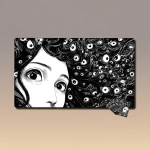 May include: Black and white illustration of a person with wide eyes and hair filled with numerous eyeballs. The artwork is a detailed, graphic design with a surreal and slightly unsettling theme.