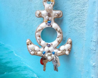 Nautical Wooden Key Holder for Wall, Anchor & Ship Wheel Key Hanger, Coastal Beach House Entryway Decor