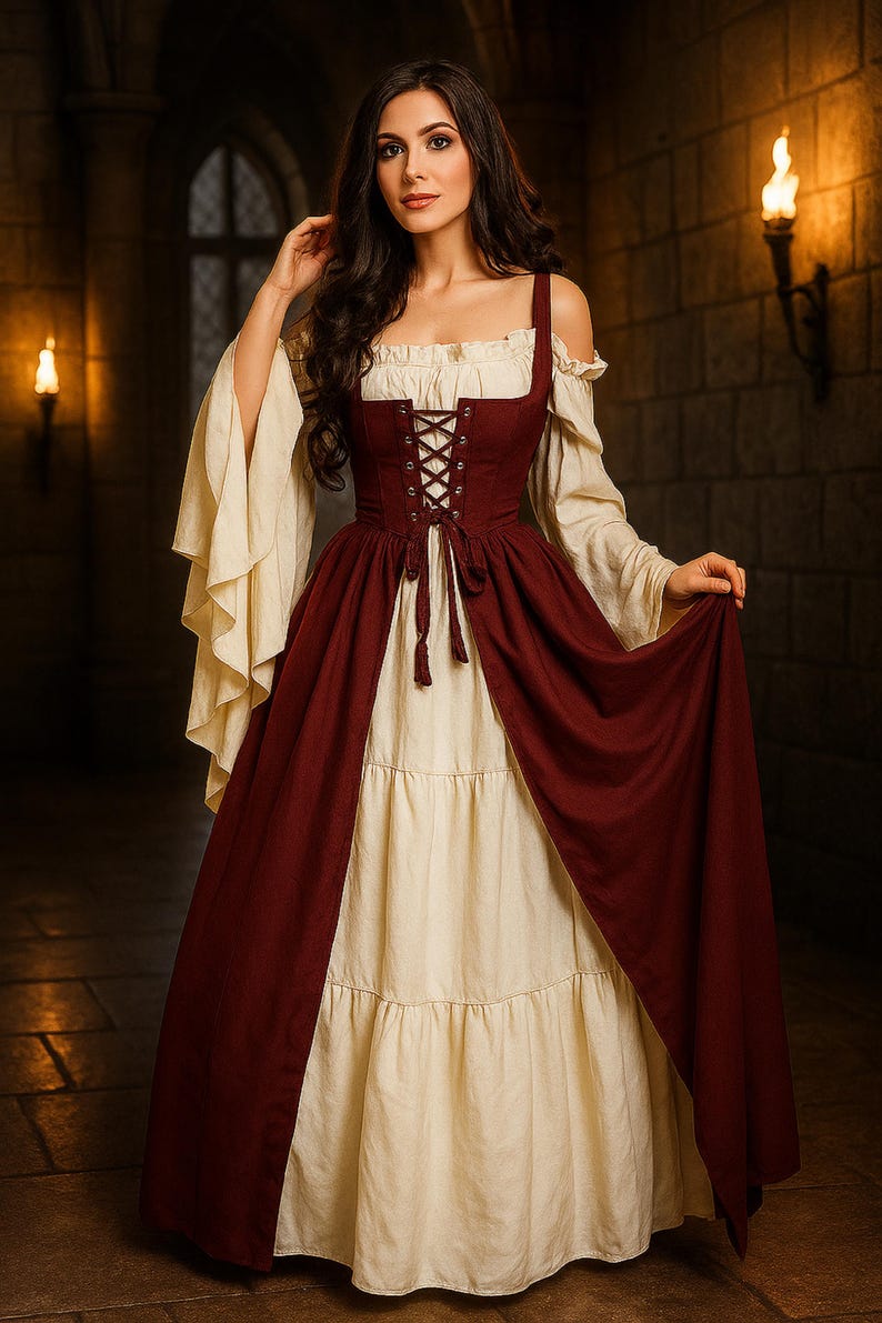 Mittelalter-Kleid Im Gothic-Stil Aus Samt Mit Schnürung & Schlagärmeln – Perfekt Für Renaissance-Festival, Halloween & Cosplay