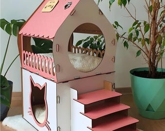 Casa para gatos personalizada de dos pisos: Castillo moderno de madera de abedul