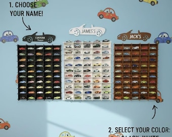 Vitrina personalizada para 100 coches de juguete, color negro. Almacenamiento para coches de juguete de fundición a presión. Estantería para coches de juguete a escala 1:64. Soporte de pared para coches.