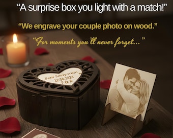 Caja de madera personalizada con foto grabada para San Valentín: regalo romántico sorpresa para aniversario, regalo único, regalo de pareja o compromiso.