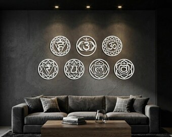 Juego de arte de pared de plexiglás de madera con símbolos de chakras, mandala, decoración de sala de yoga, meditación, decoración espiritual del hogar, decoración acrílica.