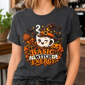 Basic Witch Energy Shirt, Halloween Coffee T-Shirt for Women, Cute Spooky Pumpkin Graphic, Witchy Fall Outfit, Crew Neck Tee