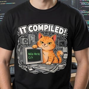 May include: A black t-shirt featuring a graphic of an orange tabby cat sitting next to a vintage computer monitor displaying the text Hello World; C/>. Above the cat, the text IT COMPILED! is printed in white. The design includes a keyboard and cables.