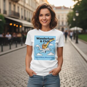 ワンダーラスト チル グラフィックTシャツ | もっと旅を楽しもう、心配は無用！Tシャツ、バケーションシャツ、アドベンチャーウェア