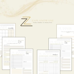 May include: A collection of beige and white planner pages with various layouts for monthly, daily, and budget planning. The text "ZAPLANOWANE" is visible at the top, along with a logo. The pages are arranged on a light beige background.