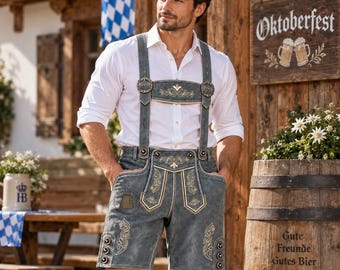 Men's German Lederhosen With Suspenders - Grey Leather Bavarian Oktoberfest Lederhosen - Alpine Wear For Men