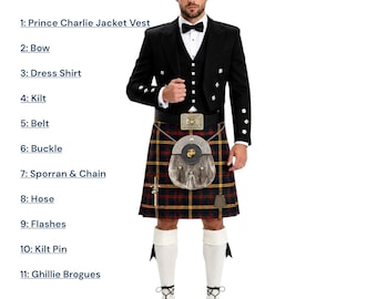 Scottish Men's Prince Charlie Kilt Outfit USMC Clan Kilt Set Available In 60+ Tartans