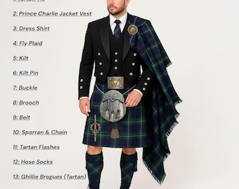 Completo da uomo scozzese con kilt Prince Charlie - Set completo da 13 pezzi con kilt antico a forma di testa di cervo, disponibile in oltre 60 tartan.