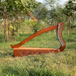 May include: A wooden harp with a rich, brown finish rests on a bed of green grass. The instrument features a curved neck and a soundbox with intricate floral carvings. Silver strings are strung across the frame, ready to be played.
