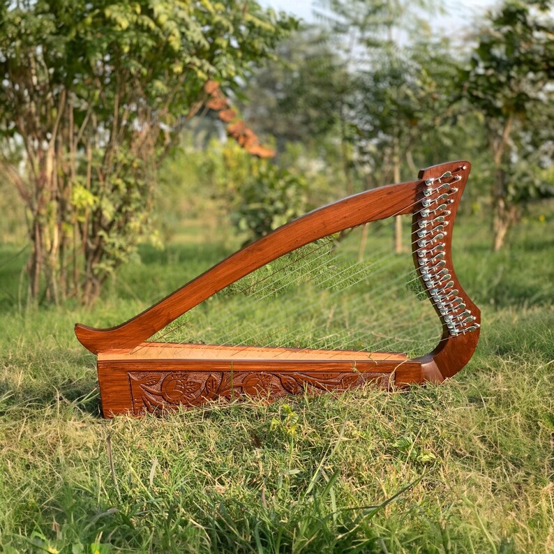 May include: A wooden harp with a rich, brown finish rests on a bed of green grass. The instrument features a curved neck and a soundbox with intricate floral carvings. Silver strings are strung across the frame, ready to be played.