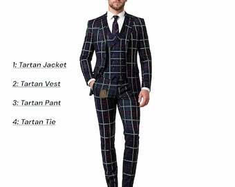Scottish Men's Tartan Suit Modern Blazer, Double Breasted Vest & Matching Tartan Pants, Highland Outfit With Tie