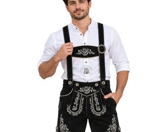 Men’s Black Lederhosen with Suspenders, German Bavarian Oktoberfest Shorts, Embroidered Suede Leather Trachten Costume
