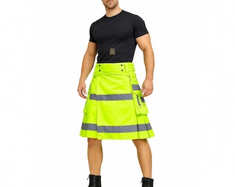 High Visibility Neon Green Work Kilt Reflective Tape Utility Kilt For Men