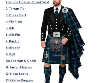 Scottish Men's Stag Head Kilt Outfit Complete Prince Charlie Jacket Kilt Set Available in 50+ Clan Tartans