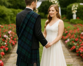Puede incluir: Una pareja se toma de la mano en un jardín. La persona de la izquierda lleva un traje negro con un kilt y una faja a cuadros verdes y azules. La persona de la derecha lleva un vestido de novia blanco sin mangas. Un arco floral está en el fondo.