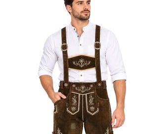 German Bavarian Lederhosen Shorts For Men Oktoberfest Festival Brown Suede Leather Embroidered Pants