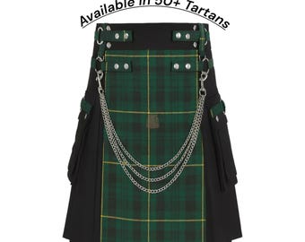 Men's Gothic Tartan Utility Kilt: 100% Cotton, Leather Straps
