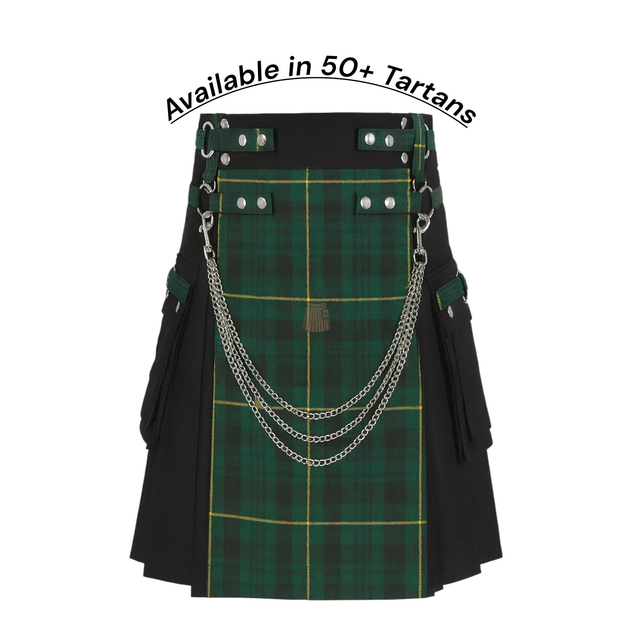 QIFLY Traditional Stag Party Kilt Men's Leather Straps Kilts Tartan Kilt With Straps Military Wedding Utility Kilts Tartan Utility Kilt