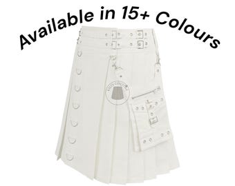 Men's White Gothic Hybrid Kilt Cotton Kilt With Pleats Available in Sizes 28" to 62" & 15+ Colour Options