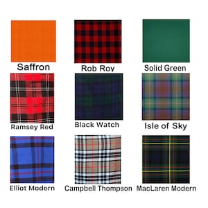 May include: A collection of nine fabric swatches, each showcasing a different pattern and color. The swatches include solid colors like saffron and solid green, and plaid patterns such as Rob Roy, Ramsey Red, Black Watch, Isle of Sky, Elliot Modern, Campbell Thompson, and MacLaren Modern.