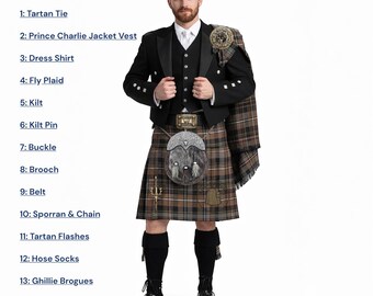 Ensemble de 13 pièces en kilt écossais pour homme, veste prince Charlie, tête de cerf antique, plus de 50 tartans