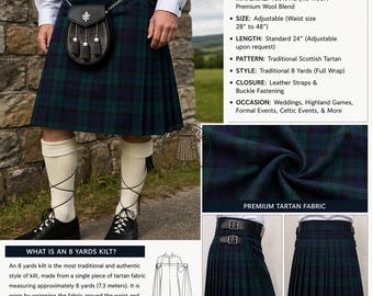 Men's Tartan Kilt – 8 Yard Acrylic Wool, Highland Formal Wear Available in 50+ Tartans