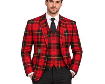 Men's Wallace Tartan Blazer & Vest Red Scottish Plaid Suit 2 Button Jacket, 5 Button Waistcoat Wedding Groom Formal Wear
