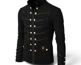 Men’s Black Military Jacket, Gothic Hussar Officer Coat, Steampunk Victorian Band Jacket, Gold Button Parade Uniform, Festival Costume
