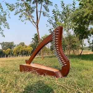 May include: A wooden harp with a dark brown finish, set outdoors on a grassy lawn. The harp has a curved soundbox and a series of strings. The harp is a musical instrument.
