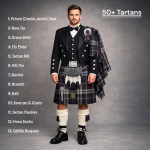 Szkocki męski komplet kiltowy Prince Charlie, 13 elementów, tradycyjny szkocki komplet kiltowy na wesele, dostępny w kratę 60+ Clan