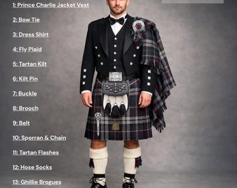 Scottish Men's Prince Charlie 13 Piece Complete Kilt Outfit Traditional Highland Wedding Custom Kilt Outfit Set Available In 50+ Clan Tartan