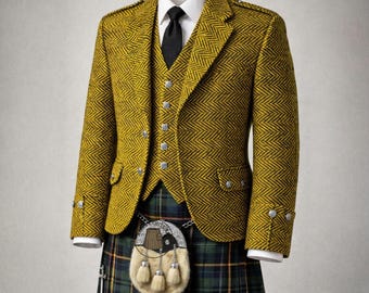 Scottish Men's Mustard Herringbone Tweed Argyle Kilt Jacket & 5 Button Vest