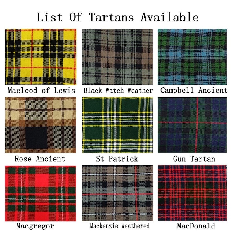 May include: A grid of nine tartan fabric swatches, each with a unique pattern and color scheme. The top row includes yellow, black, and green tartans. The text "List Of Tartans Available" is at the top, with each swatch labeled.