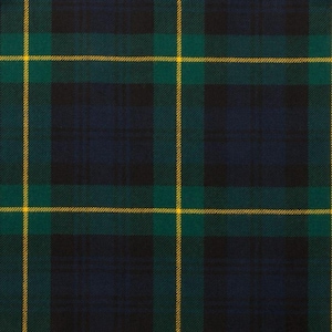 May include: A close-up of a tartan pattern in a grid of dark blue, green, and yellow lines. The plaid design has intersecting vertical and horizontal stripes, creating a checkered effect. The fabric appears to be woven, a traditional Scottish textile.