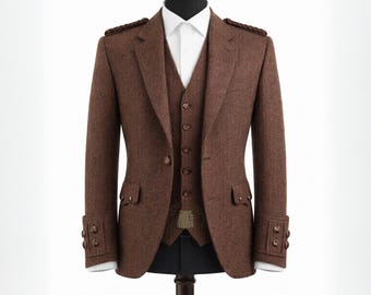 Men's Brown Tweed Wool Argyle Kilt Jacket & 5 Buttons Vest Scottish Wedding Kilt Jacket