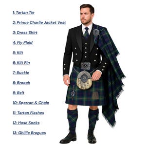 May include: A man in a traditional Scottish outfit, including a black Prince Charlie jacket, vest, and kilt. The kilt is green and blue tartan. Accessories include a sporran, belt, and hose socks. The outfit is completed with Ghillie Brogues.