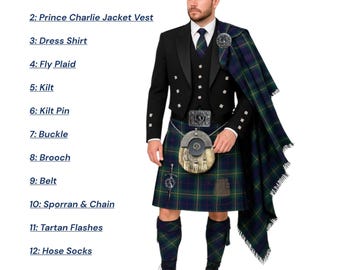 Conjunto de kilt escocés para hombre, estilo Príncipe Carlos, con el escudo del clan Davidson. Juego completo de 13 piezas para bodas. Disponible en más de 50 tartanes de clanes.