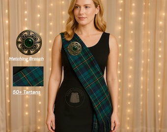 Scottish Ladies Tartan Sash With Brooch Highland Plaid Sash Full Length 11" X 90" Wedding Sash Available in 50+ Clan Tartans