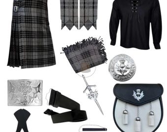 Scottish Men's Kilt Outfit Wedding Kilt Outfit 10 Pcs Thistle Set Available in 70+ Clan Tartans