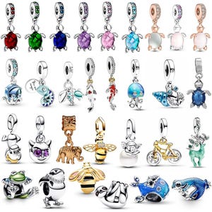 May include: A collection of silver charm pendants with various designs, including turtles, fish, and animals. The charms feature colorful gemstones and detailed craftsmanship, suitable for bracelets or necklaces.