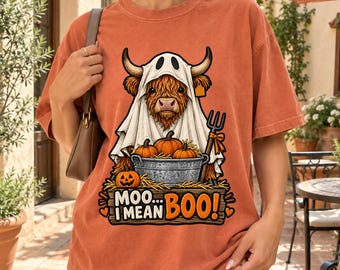 Moo I Mean Boo Shirt, Highland Cow Ghost Halloween Tee, Funny Farm Comfort Colors Shirt, Cow Lover Gift